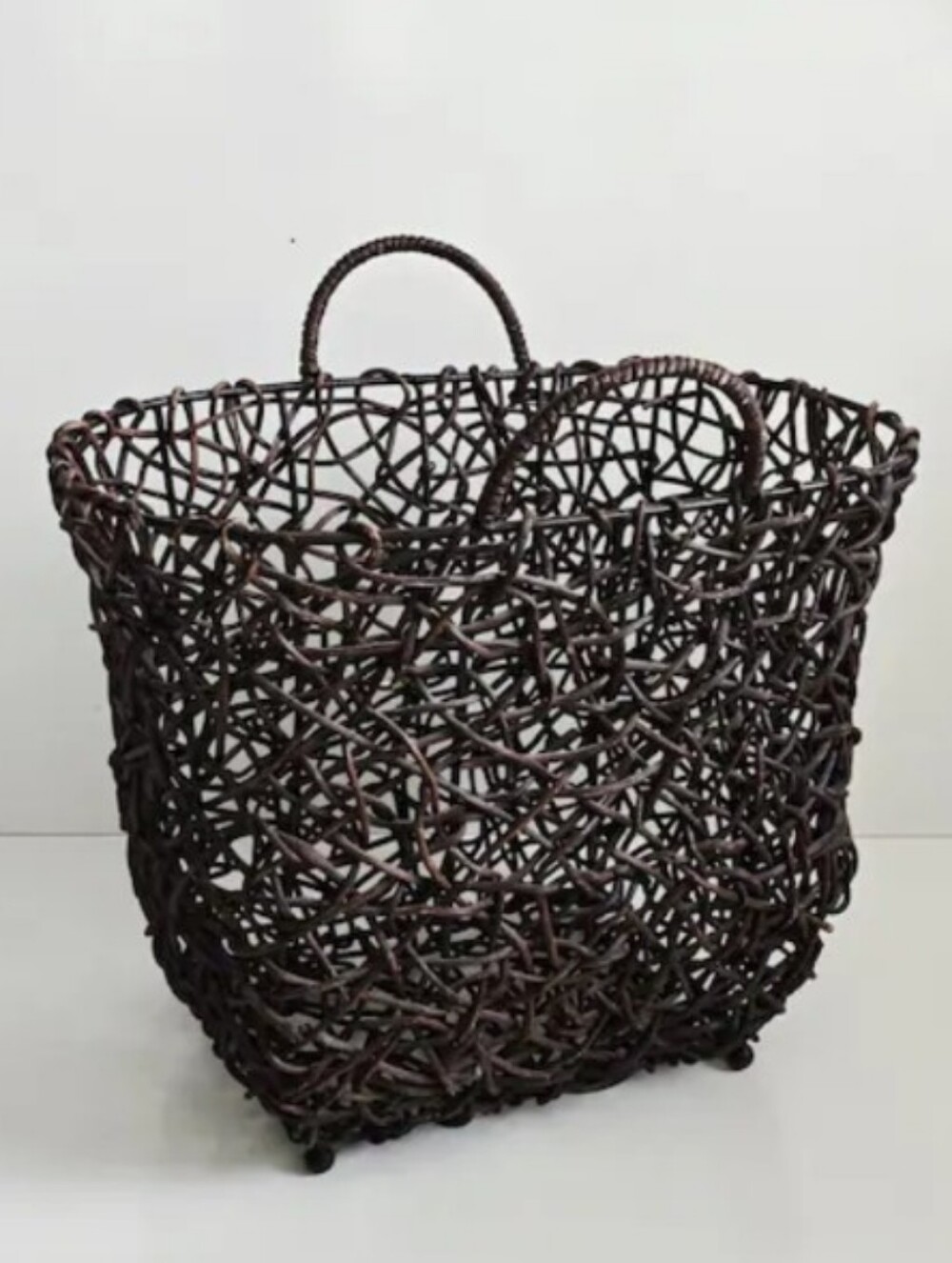 Vintage Woven Grapevine And Metal Decorative Storage Basket - Dark Brown